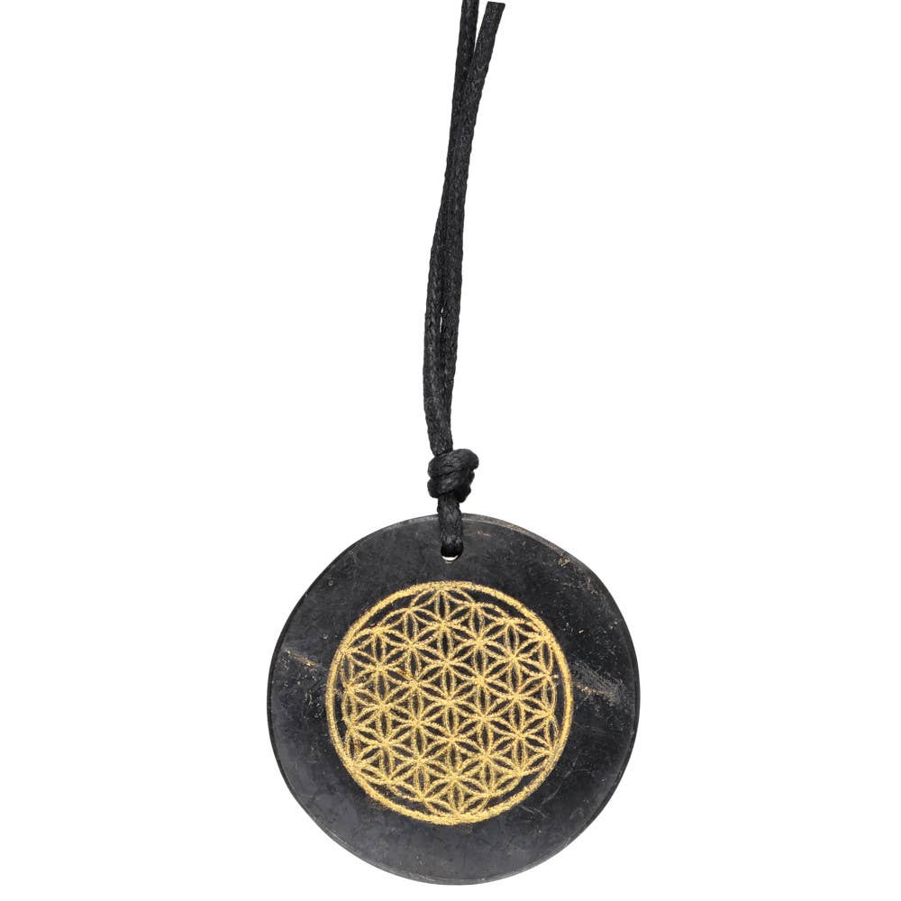 Ciondolo in shungite a forma di cerchio con Fiore della Vita
